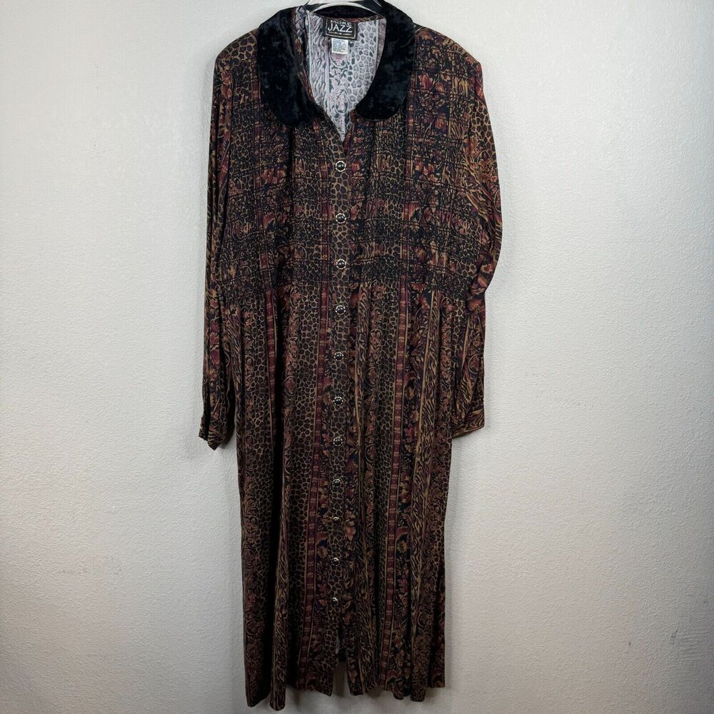 More Jazz Women Floral Print Button Up Shirt Dress Long Sleeve Size 16 Boho Core